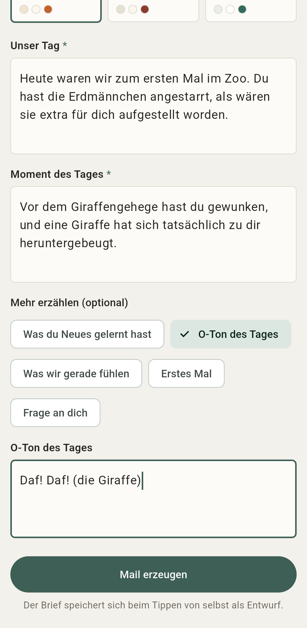 Der Editor der Nestpost-App mit ausgefüllten Feldern