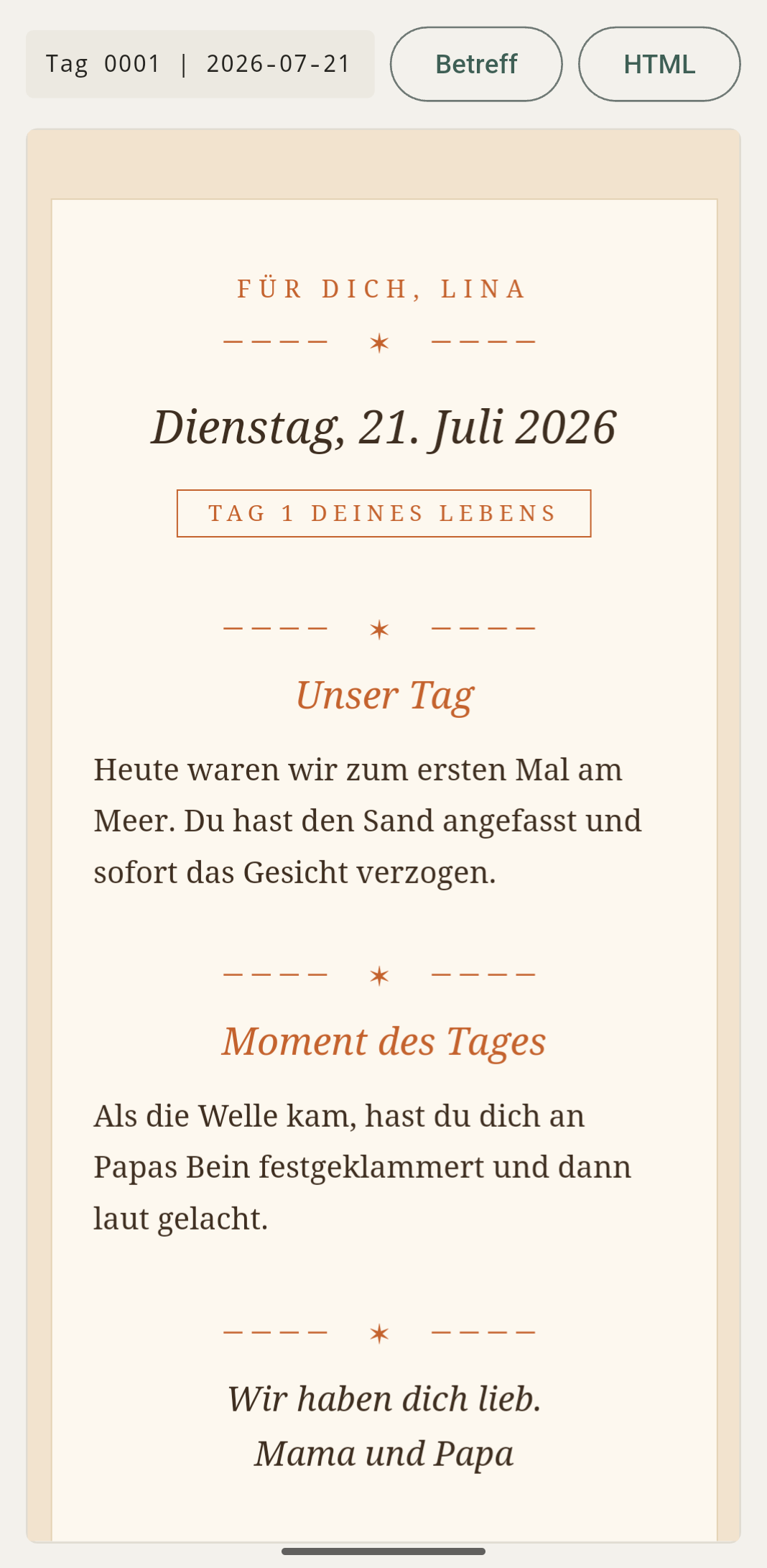 Der fertige Brief im Design Abendsonne mit Tag-1-Badge